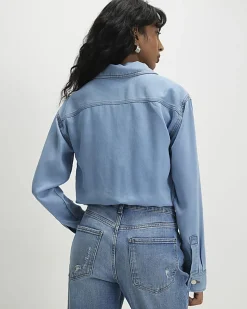 Blue Denim Tencel Bubble Hem Bomber Jacket
