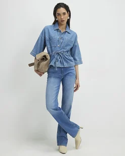 Blue Denim Tie Front Top