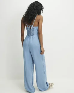 Blue Denim Wide Leg Jumpsuit