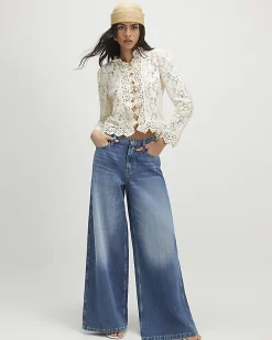 Blue Elasticated Back Wide Leg Jeans