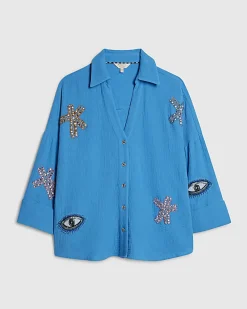 Blue Embellished Beach Shirt