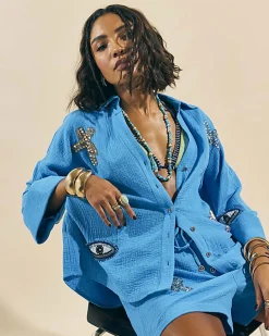 Blue Embellished Beach Shirt