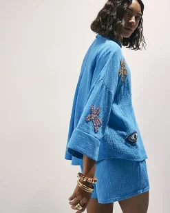 Blue Embellished Beach Shirt