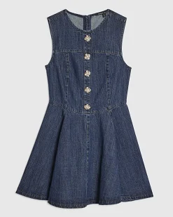 Blue Embellished Button Denim Mini Dress