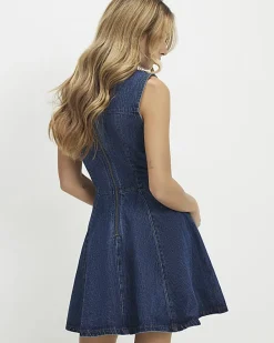 Blue Embellished Button Denim Mini Dress