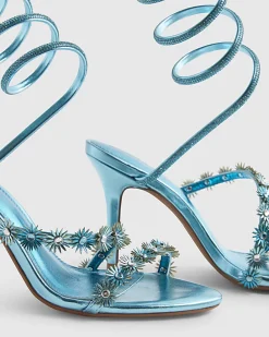 Blue Embellished Floral Wrap Heeled Sandals