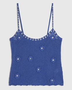 Blue Embellished Flower Knit Cami Top