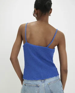 Blue Embellished Flower Knit Cami Top