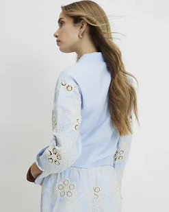Blue Embroidered Crochet Shirt