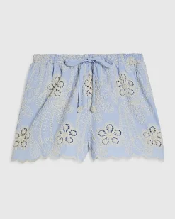 Blue Embroidered Crochet Shorts