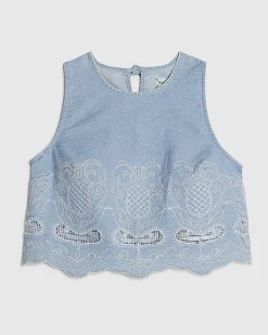 Blue Embroidered Denim Shell Crop Top