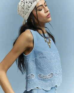 Blue Embroidered Denim Shell Crop Top