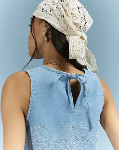 Blue Embroidered Denim Shell Crop Top