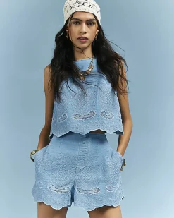 Blue Embroidered Elastic Denim Shorts