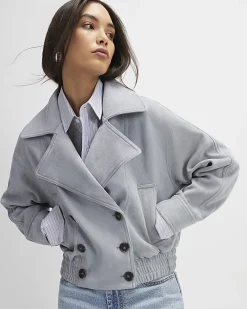 Blue Faux Suede Collared Bomber Jacket