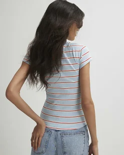 Blue Fitted Stripe Ribbed T-Shirt