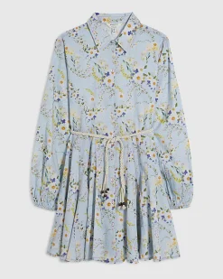 Blue Floral Belted Shirt Dress