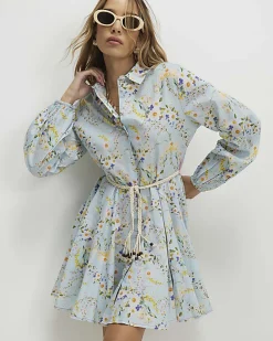 Blue Floral Belted Shirt Dress