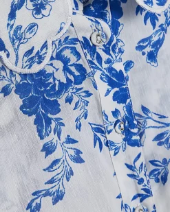 Blue Floral Boarder Print Linen Blend Blouse