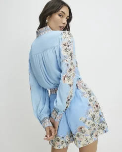 Blue Floral Boarder Print Blouse