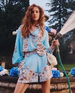 Blue Floral Border Print Shorts