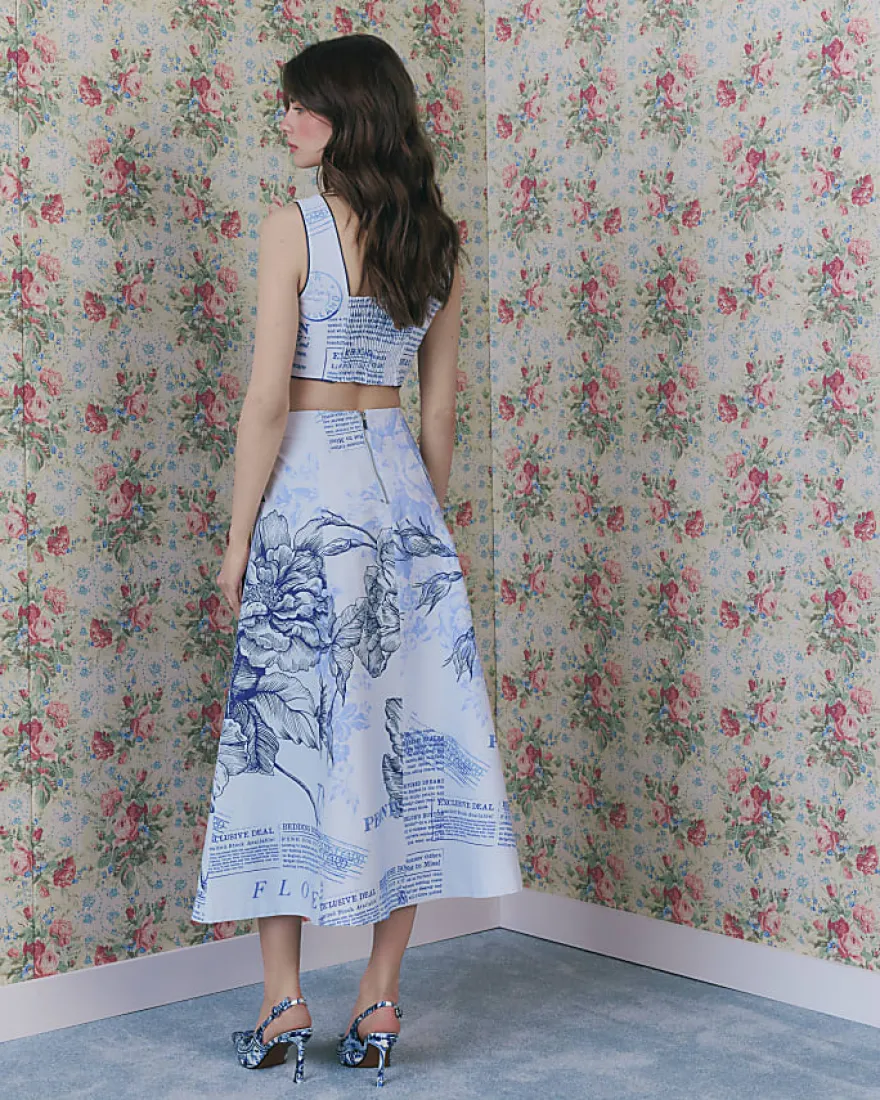 Blue Floral Border Print Midi Skirt