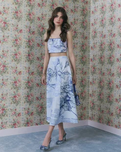 Blue Floral Border Print Midi Skirt