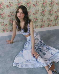 Blue Floral Border Print Midi Skirt