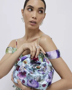Blue Floral Embellished Grab Top Clutch Bag