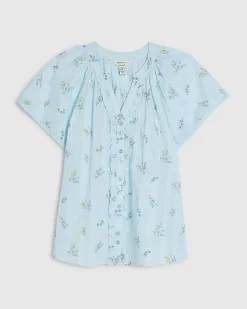 Blue Floral Frill Short Sleeve Blouse