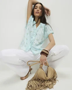 Blue Floral Frill Short Sleeve Blouse