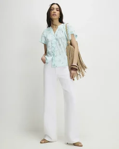Blue Floral Frill Short Sleeve Blouse