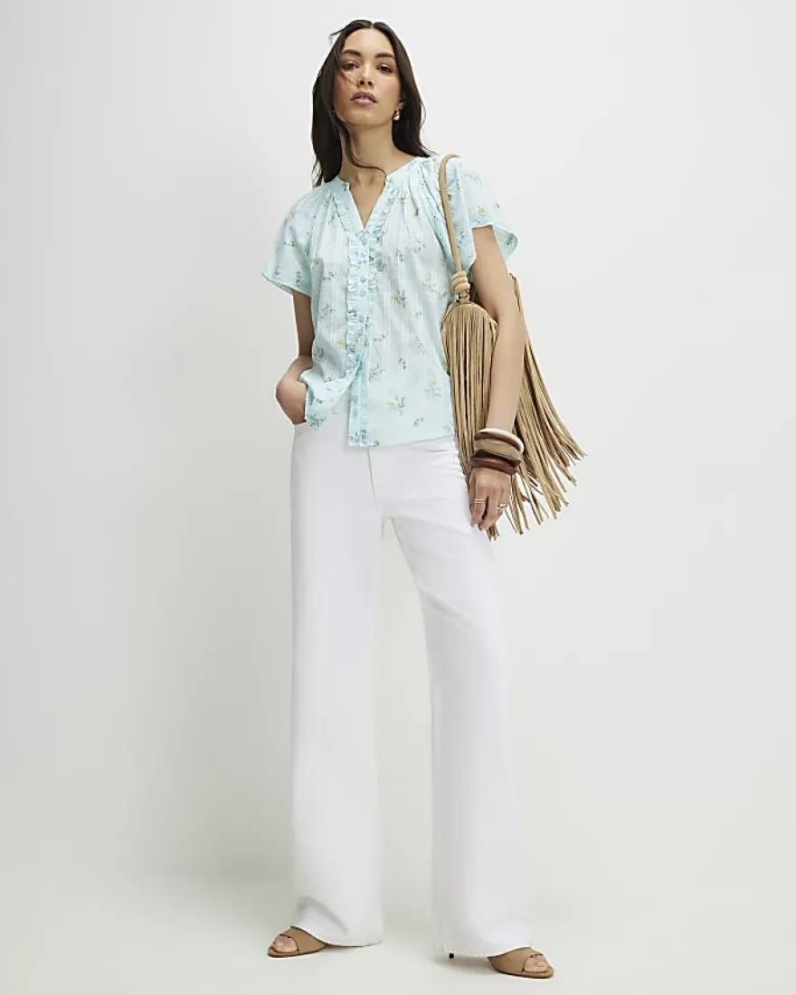 Blue Floral Frill Short Sleeve Blouse