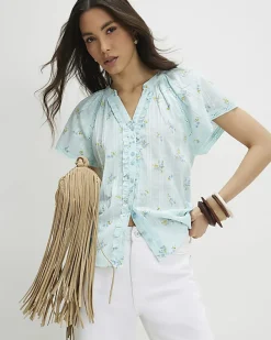 Blue Floral Frill Short Sleeve Blouse