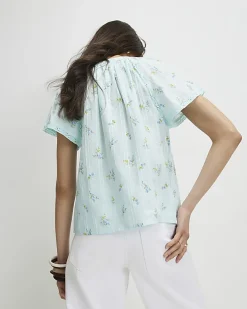 Blue Floral Frill Short Sleeve Blouse