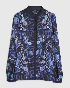 Blue Floral Long Sleeve Ruffle Blouse