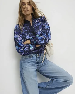 Blue Floral Long Sleeve Ruffle Blouse