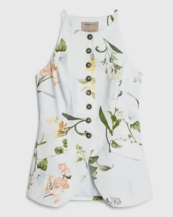 Blue Floral Longline Waistcoat
