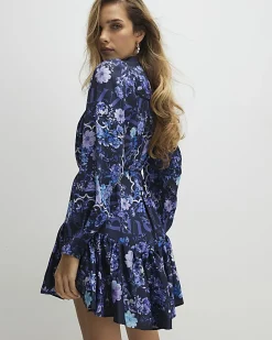 Blue Floral Mini Shirt Dress