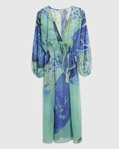 Blue Floral Print Maxi Beach Tunic Dress