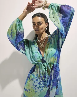 Blue Floral Print Maxi Beach Tunic Dress