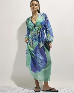 Blue Floral Print Maxi Beach Tunic Dress