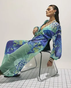 Blue Floral Print Maxi Beach Tunic Dress