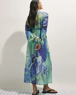 Blue Floral Print Maxi Beach Tunic Dress