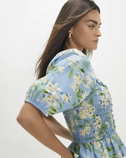 Blue Floral Print Puff Sleeve Shirred Top