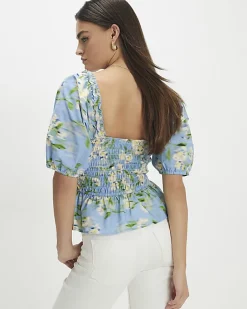 Blue Floral Print Puff Sleeve Shirred Top