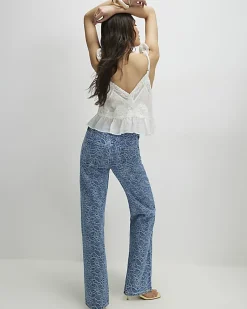Blue Floral Print Relaxed Straight Jeans