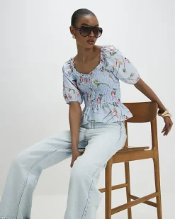 Blue Floral Puff Sleeve Shirred Top