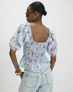 Blue Floral Puff Sleeve Shirred Top