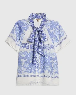 Blue Floral Pussybow Blouse